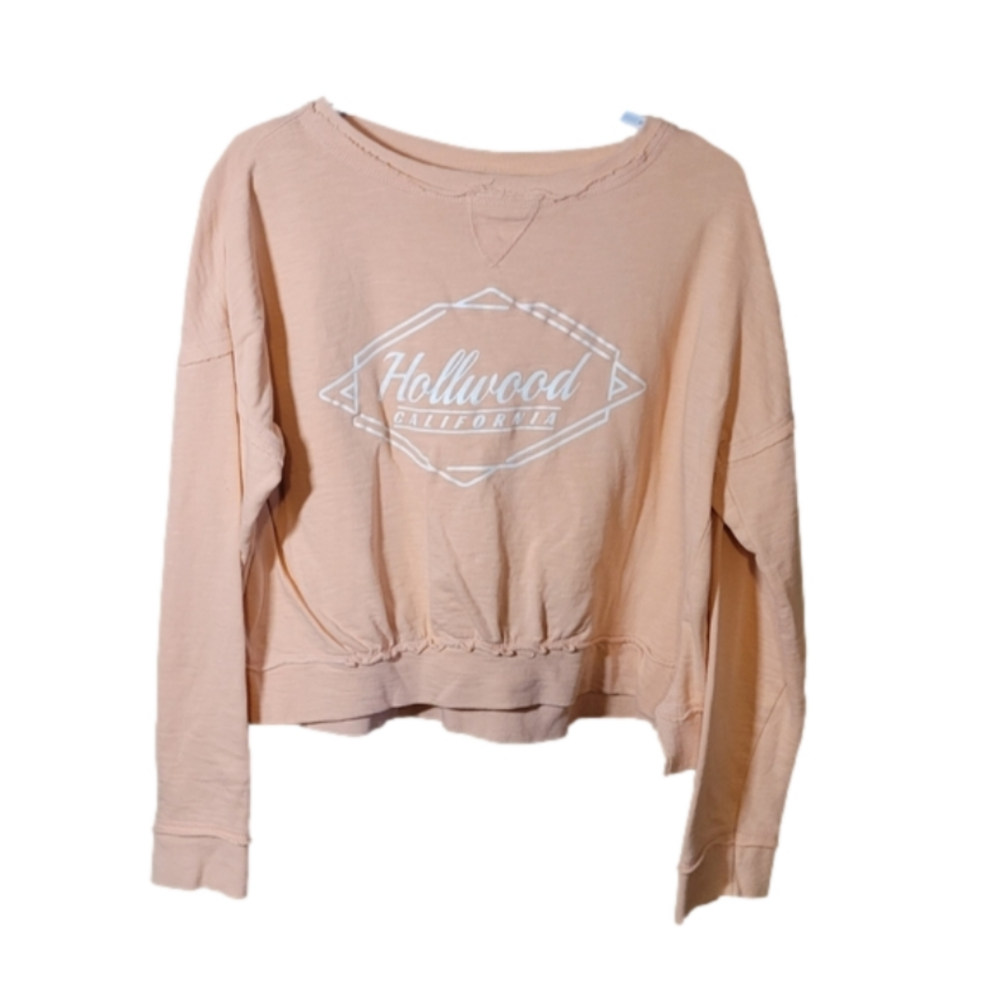 Lagaci large distressed oversized cropped long-sleeved lightweight sweater peach